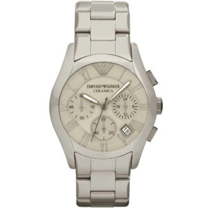 Emporio Armani Valente chronograph watch with grey ceramic case, grey dial with Roman numerals, and ceramic strap