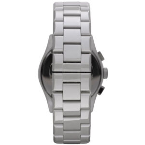 Emporio Armani Valente ceramic bracelet and caseback detail with grey ceramic links