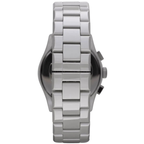 Emporio Armani Valente ceramic bracelet and caseback detail with grey ceramic links