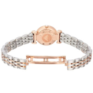 Caseback of Emporio Armani Gianni T-Bar Mini showing rose gold case with Emporio Armani branding
