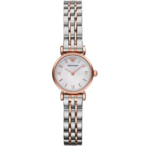 Emporio Armani Gianni T-Bar Mini women's watch with white MOP dial and two-tone bracelet