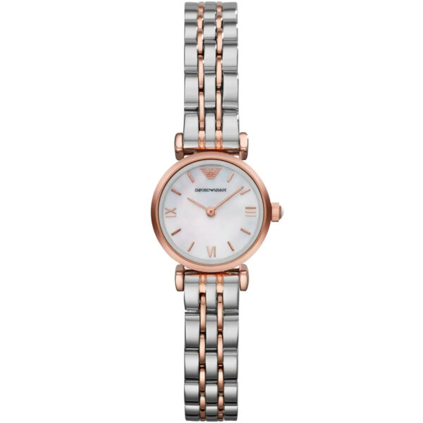 Emporio Armani Gianni T-Bar Mini women's watch with white MOP dial and two-tone bracelet