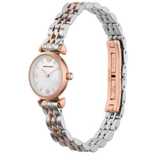 Two-tone Emporio Armani Gianni T-Bar Mini watch displayed on wrist with two-tone metal bracelet