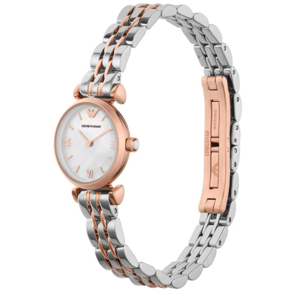 Two-tone Emporio Armani Gianni T-Bar Mini watch displayed on wrist with two-tone metal bracelet