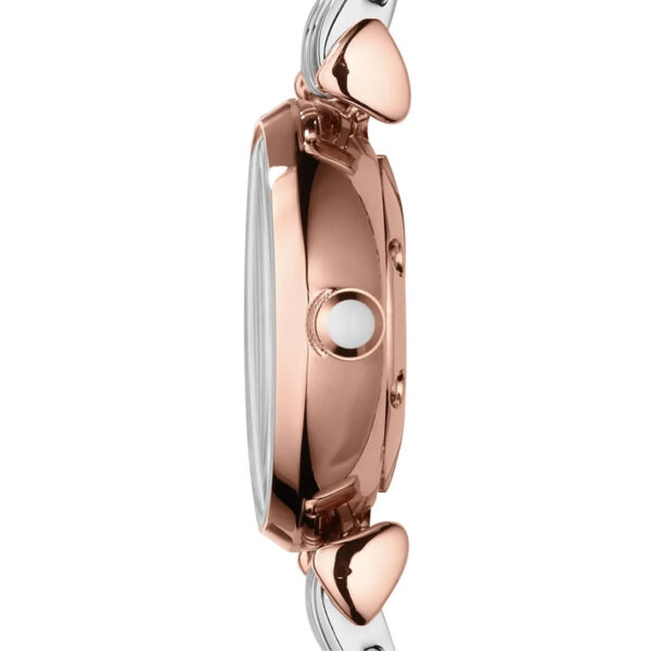 Side profile of Emporio Armani Gianni T-Bar Mini showing rose gold case and two-tone strap