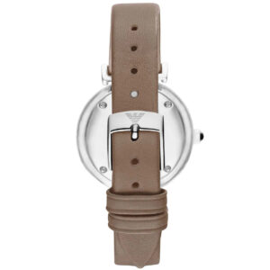 Case back of Emporio Armani Gianni T-Bar watch showing Armani logo and specifications
