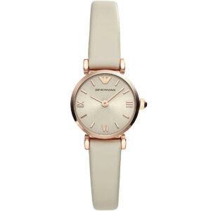 Emporio Armani Gianni T-Bar Mini women's watch with beige sunray dial, rose gold case, and beige leather strap