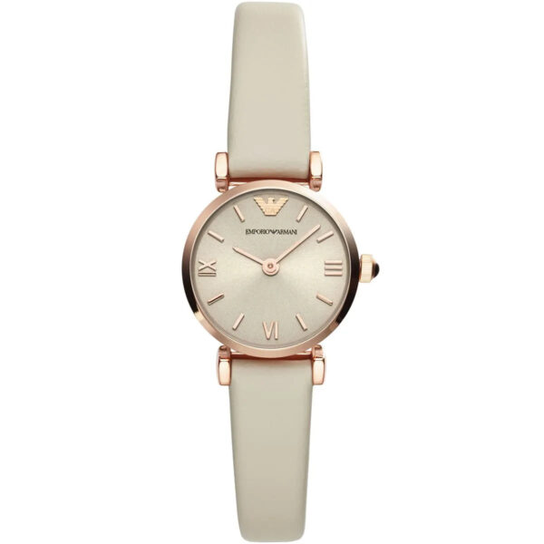 Emporio Armani Gianni T-Bar Mini women's watch with beige sunray dial, rose gold case, and beige leather strap