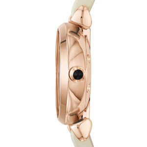 Side profile of Emporio Armani Gianni T-Bar Mini showing rose gold case and black dial detail