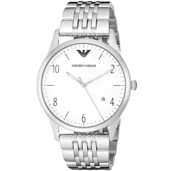 Emporio Armani AR1867 watch angled view showing silver stainless steel bracelet