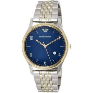 AR1868 watch angled view showing sunray blue dial and two-tone metal strap
