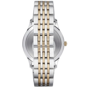 Bottom view of AR1868 watch showing case back and two-tone stainless steel bracelet