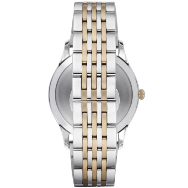 Bottom view of AR1868 watch showing case back and two-tone stainless steel bracelet