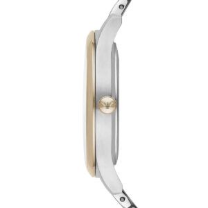 Side profile of AR1868 showing two-tone stainless steel case and bracelet thickness