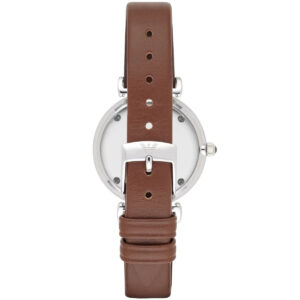Caseback view of Emporio Armani AR1873 watch with stainless steel case and brown leather strap