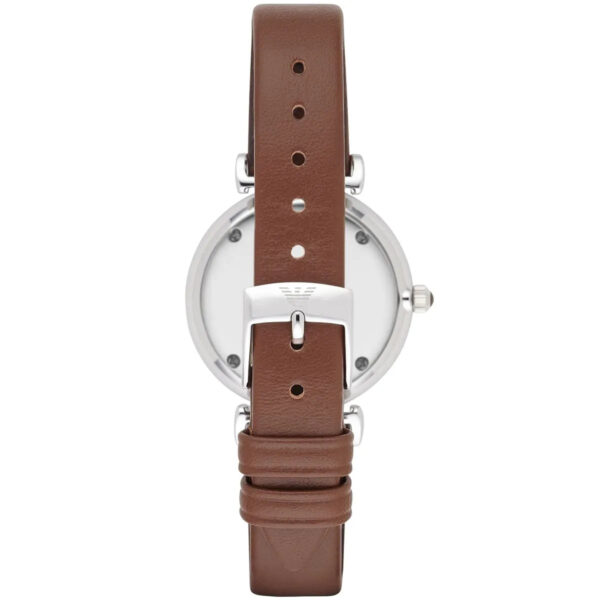 Caseback view of Emporio Armani AR1873 watch with stainless steel case and brown leather strap