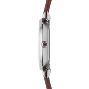 Side profile of Emporio Armani Gianni T-Bar watch showing stainless steel case and brown leather strap