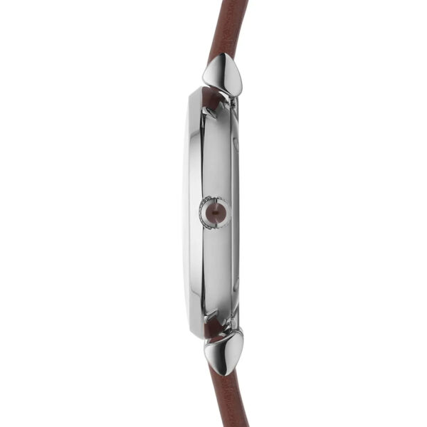 Side profile of Emporio Armani Gianni T-Bar watch showing stainless steel case and brown leather strap