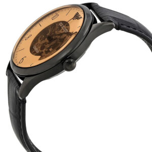 Side profile of Emporio Armani Beta Meccanico watch showing black leather strap and case depth