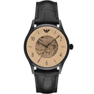 Emporio Armani Beta Meccanico AR1923 skeleton dial automatic watch with tan face and black leather strap