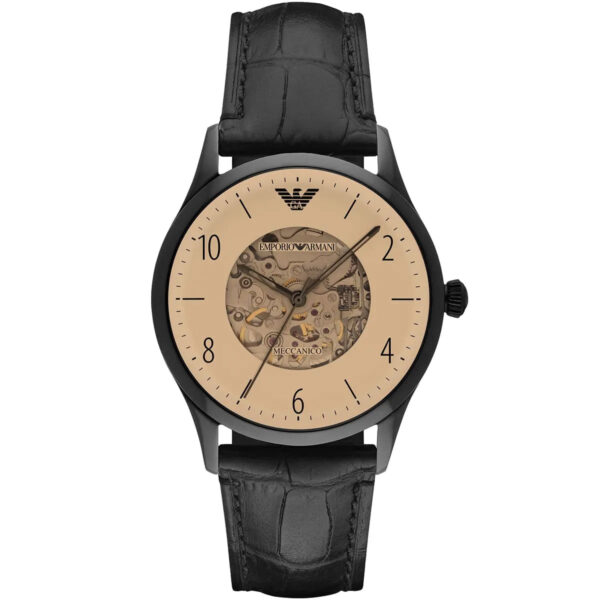 Emporio Armani Beta Meccanico AR1923 skeleton dial automatic watch with tan face and black leather strap