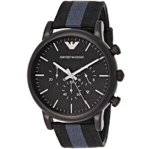 AR1948 Emporio Armani Luigi chronograph angled view showing black dial and multi-stripe strap