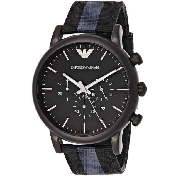 AR1948 Emporio Armani Luigi chronograph angled view showing black dial and multi-stripe strap