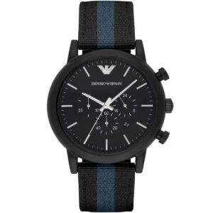Emporio Armani Luigi chronograph watch with matte black dial and striped nylon-leather strap