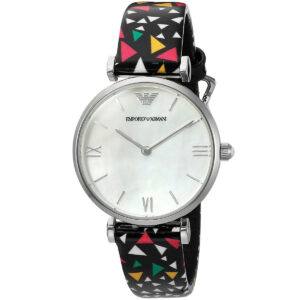 Side angle view of Emporio Armani Gianni T-Bar watch showing case and colorful strap design