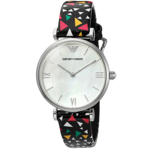 Side angle view of Emporio Armani Gianni T-Bar watch showing case and colorful strap design