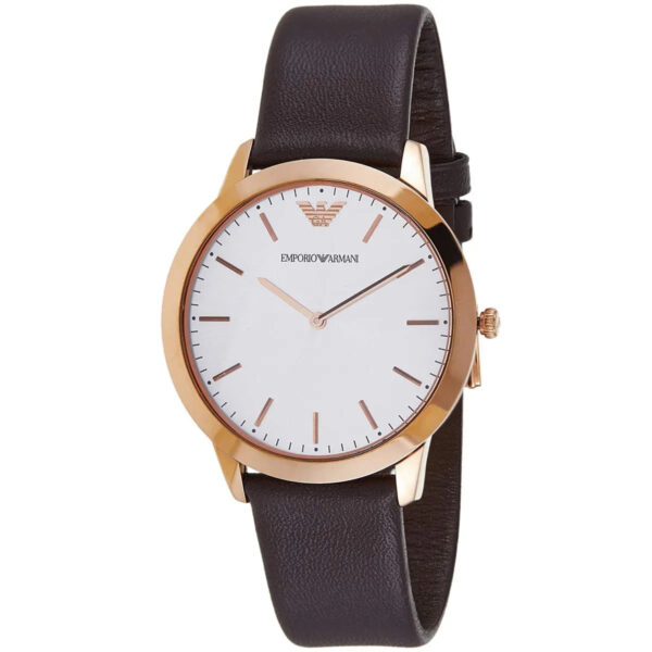 Emporio Armani AR2487 watch angled view showing white dial and brown leather strap