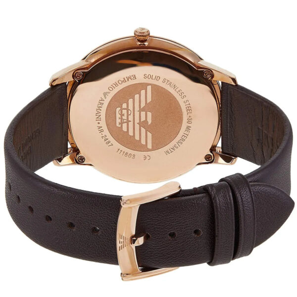 Emporio Armani AR2487 caseback with logo and specifications on rose gold case