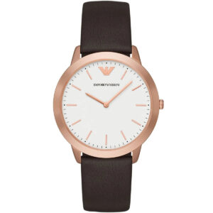 Emporio Armani AR2487 men's watch with white dial, rose gold case, and brown leather strap