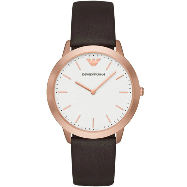 Emporio Armani AR2487 men's watch with white dial, rose gold case, and brown leather strap