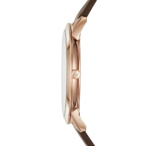 Emporio Armani AR2487 watch side profile with rose gold case and brown leather strap