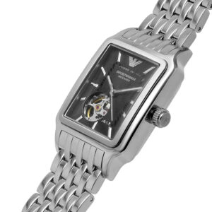 Emporio Armani Diego AR60057 angled view displaying black dial and stainless steel metal band