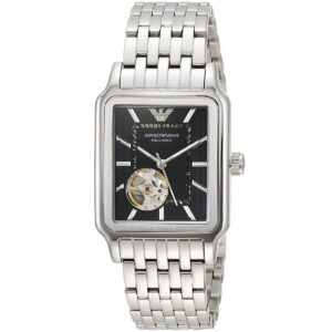 Emporio Armani Diego AR60057 watch front view with black dial, visible skeleton movement, and silver bracelet