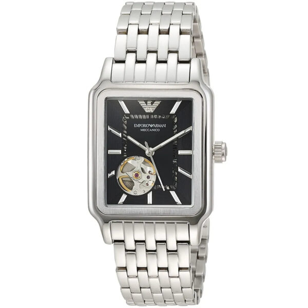Emporio Armani Diego AR60057 watch front view with black dial, visible skeleton movement, and silver bracelet