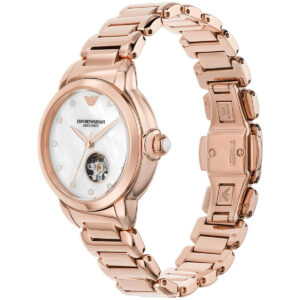 Side view of Emporio Armani Mia watch showing rose-gold bracelet and open heart dial window