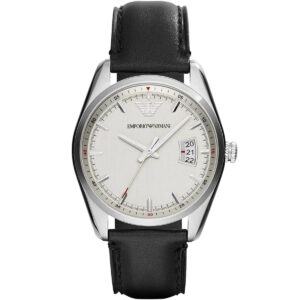 Emporio Armani Sportivo AR6015 men's watch with white dial, date window, and black leather strap