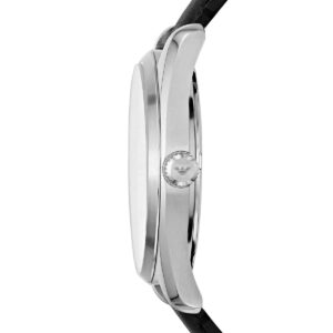 Side view of Emporio Armani Sportivo AR6015 with stainless steel case and black leather strap