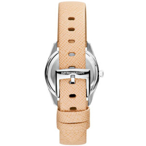 Caseback view of Emporio Armani Tazio Small AR6032 with beige saffiano leather strap and buckle