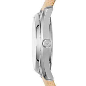 Side view of Emporio Armani Tazio Small AR6032 showing stainless steel case profile and beige leather strap