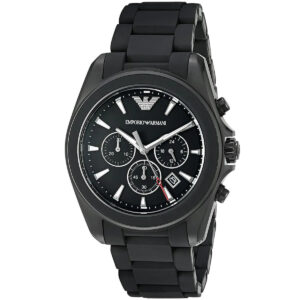Emporio Armani Tazio Large chronograph watch angle view showing three subdials and silicone-wrapped bracelet