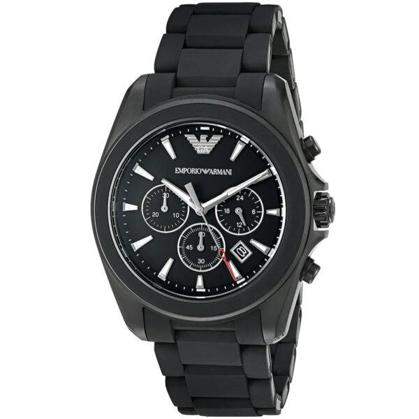 Emporio Armani Tazio Large chronograph watch angle view showing three subdials and silicone-wrapped bracelet