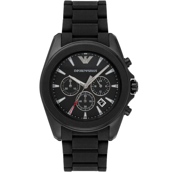 Emporio Armani Tazio Large chronograph watch with matte black dial and black silicone-wrapped stainless steel bracelet
