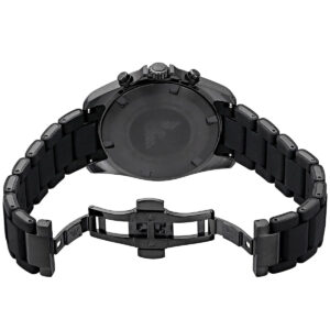 Emporio Armani Tazio Large chronograph watch caseback showing crown and pusher details with strap