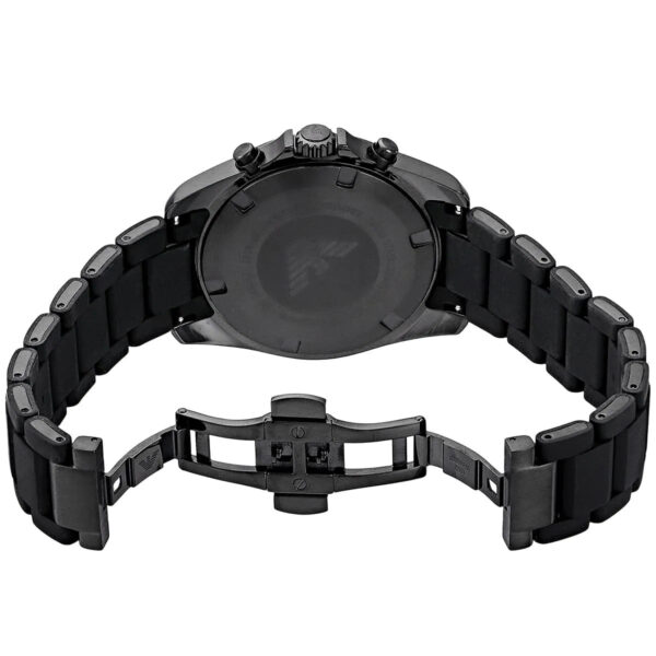 Emporio Armani Tazio Large chronograph watch caseback showing crown and pusher details with strap