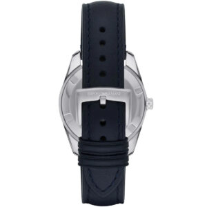 Back view of Emporio Armani Tazio watch showing stainless steel caseback with engraved branding