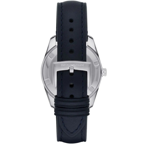 Back view of Emporio Armani Tazio watch showing stainless steel caseback with engraved branding